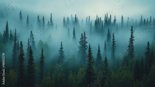 Misty Spruce Forest with Tall Trees Disappearing into Fog