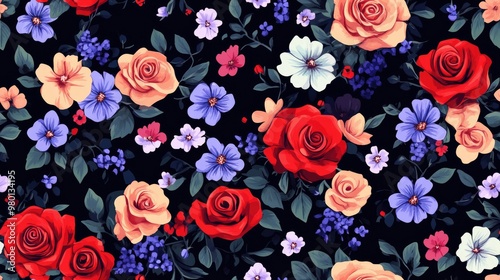 Wallpaper Mural Seamless pattern of small violet and red rose flowers on a black raster background Torontodigital.ca