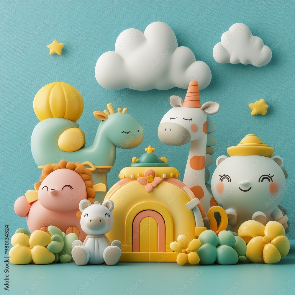 Obraz premium Cute Cartoon Animals and House 3D Render on Blue Background