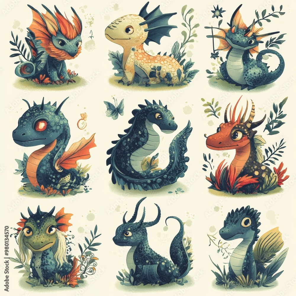 Fototapeta premium Cute Baby Dragons Set Fantasy Illustration