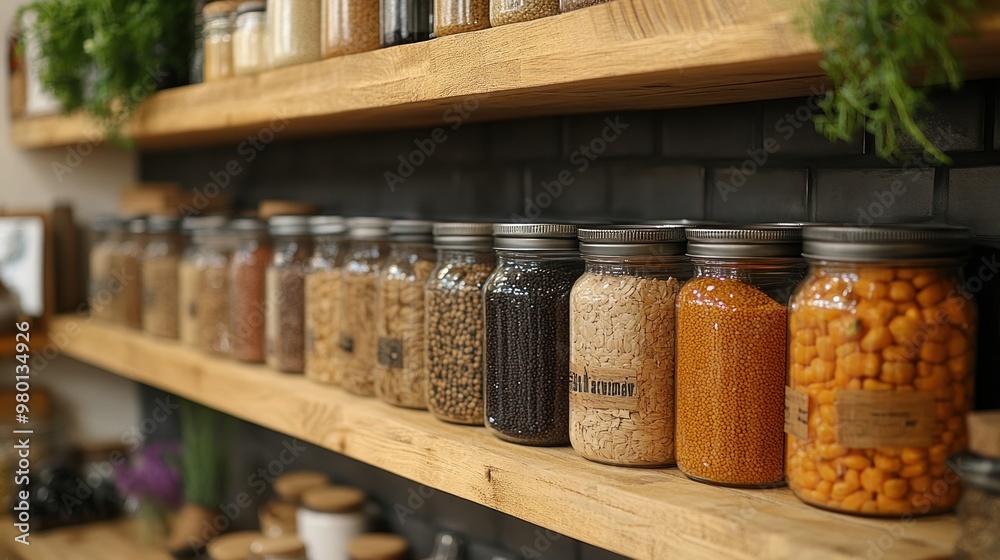 Shelves filled with jars of various grains and legumes for storage. Shelves filled with jars of various grains and legumes for storage.