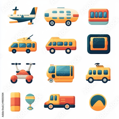Cartoon Transportation Icons Set  Airplane  Bus  Train  Truck  Van  Air Balloon  and More