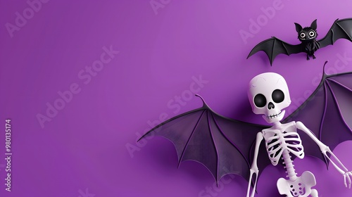 Cute Skeleton and Bat with Free Copy Space on Bright Purple Background