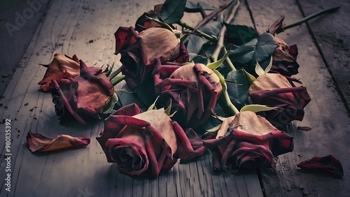 Wilted dying rose flowers on wooden background for concepts of decay and death natural processes