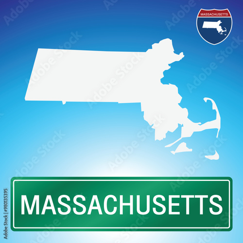 A simple road sign for Massachusetts with a map of the state in the background. The sign is green with white lettering, and the map is white with a blue gradient background.