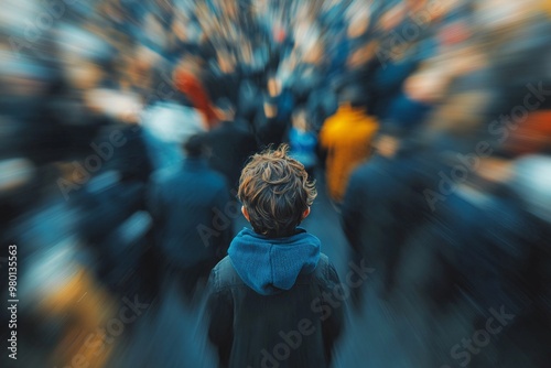 Fototapeta Naklejka Na Ścianę i Meble -  A young boy standing in a crowded of nowhere, his small figure overwhelmed by the rush of people, symbolizing the overwhelming feeling of loneliness without a mother or father
