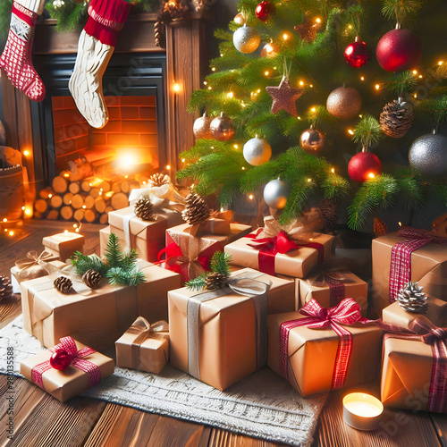 Pino navideño adornado con esferas doradas y rojas junto a chimenea rodeado de regalos