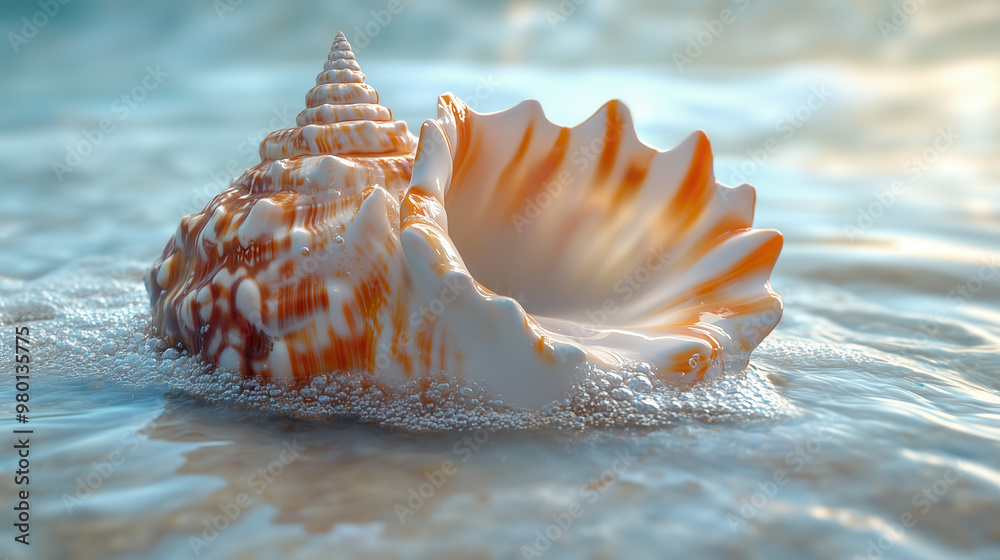 Close-up of a Beautiful Seashell in Shallow Ocean Water with Gentle Waves and Sunlight Reflections Close-up of a Beautiful Seashell in Shallow Ocean Water with Gentle Waves and Sunlight Reflections