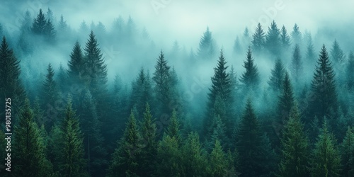 Misty Spruce Forest with Tall Trees Disappearing into Fog