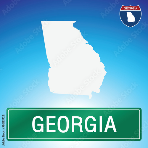 A simple road sign for Georgia with a map of the state in the background. The sign is green with white lettering, and the map is white with a blue gradient background.