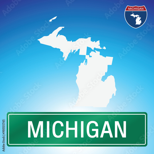 A simple road sign for Michigan with a map of the state in the background. The sign is green with white lettering, and the map is white with a blue gradient background.