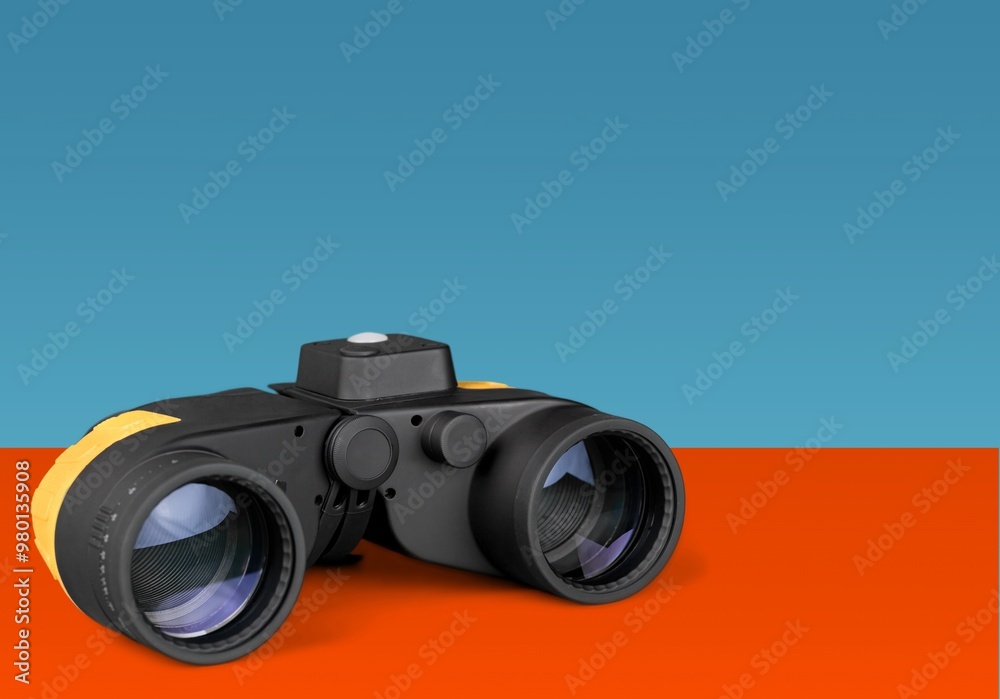 Art collage, black binoculars on color background. Art collage, black binoculars on color background.