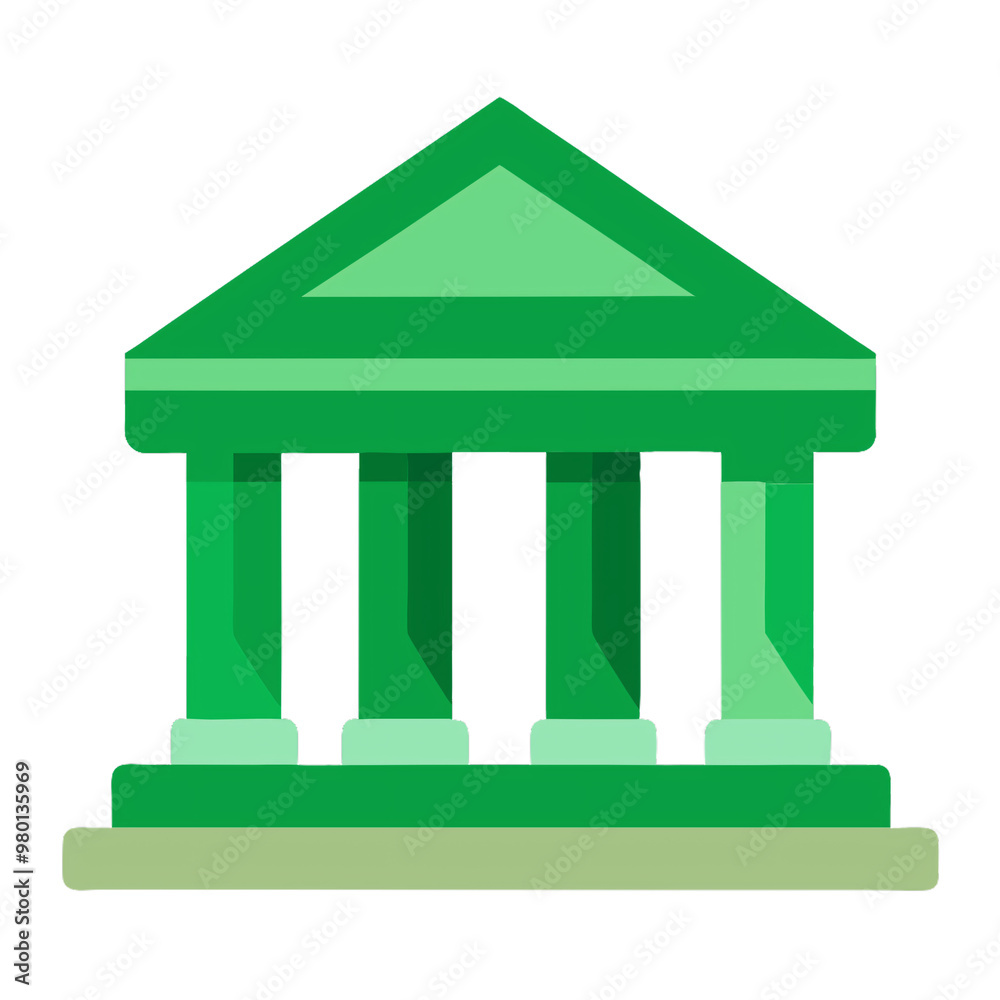 A detailed green bank building icon, showing subtle gradients and shading, giving a more dimensional effect to the classic structure, on a transparent background A detailed green bank building icon, showing subtle gradients and shading, giving a more dimensional effect to the classic structure, on a transparent background