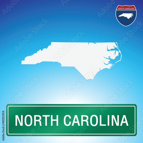 A simple road sign for North Carolina with a map of the state in the background. The sign is green with white lettering, and the map is white with a blue gradient background.