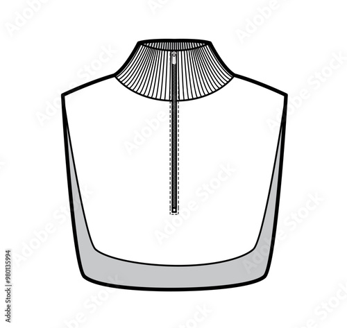 Add-on Knit Collars detachable accessories with zipper fastening Turtleneck Sweater part technical fashion illustration sleeveless. Flat jumper apparel front white color style. Women men CAD mockup