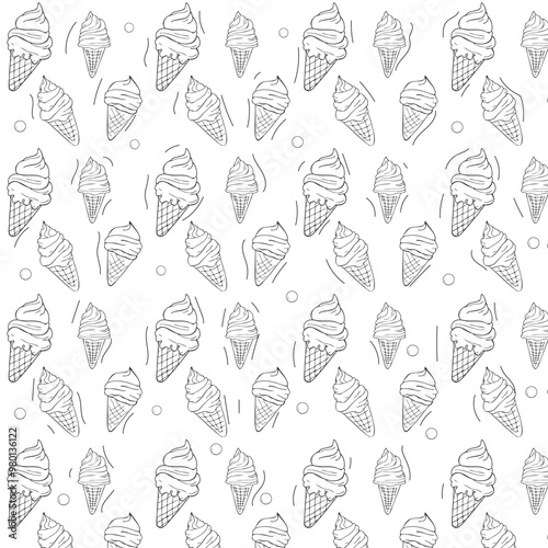 Seamless pattern with ice cream cones, and popsicles on a white background. Summer dessert theme for design and print.