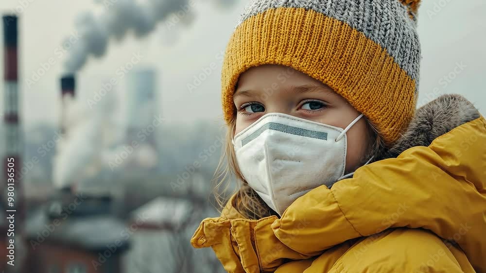 Child wearing a mask outdoors in a city with pollution and smoke during winter