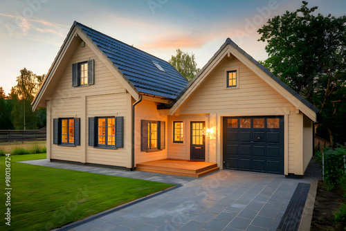 Cozy modern chalet-style home with a garden and garage.