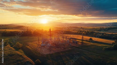 Aerial view of a sprawling industrial site at sunset, nestled in the serene countryside with rolling hills and dramatic sky. photo