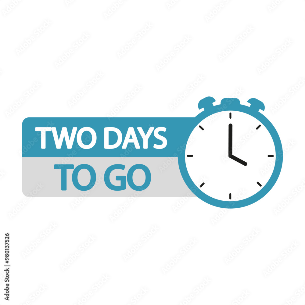 Countdown timer illustration. Two days to go text. Bold blue clock icon. Event reminder graphic. Countdown timer illustration. Two days to go text. Bold blue clock icon. Event reminder graphic.
