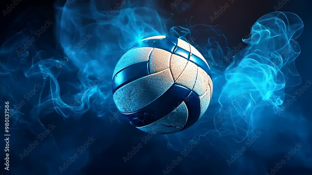 A dynamic volleyball moment captured during an intense match with vibrant blue effects and an energetic atmosphere