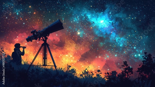 A stargazer observing the vibrant cosmos through a telescope under a brilliant night sky filled with stars and colorful nebulae photo