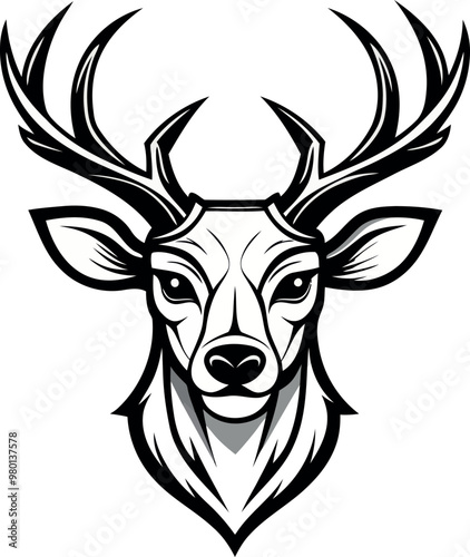 A hunting deer head with horns on white background