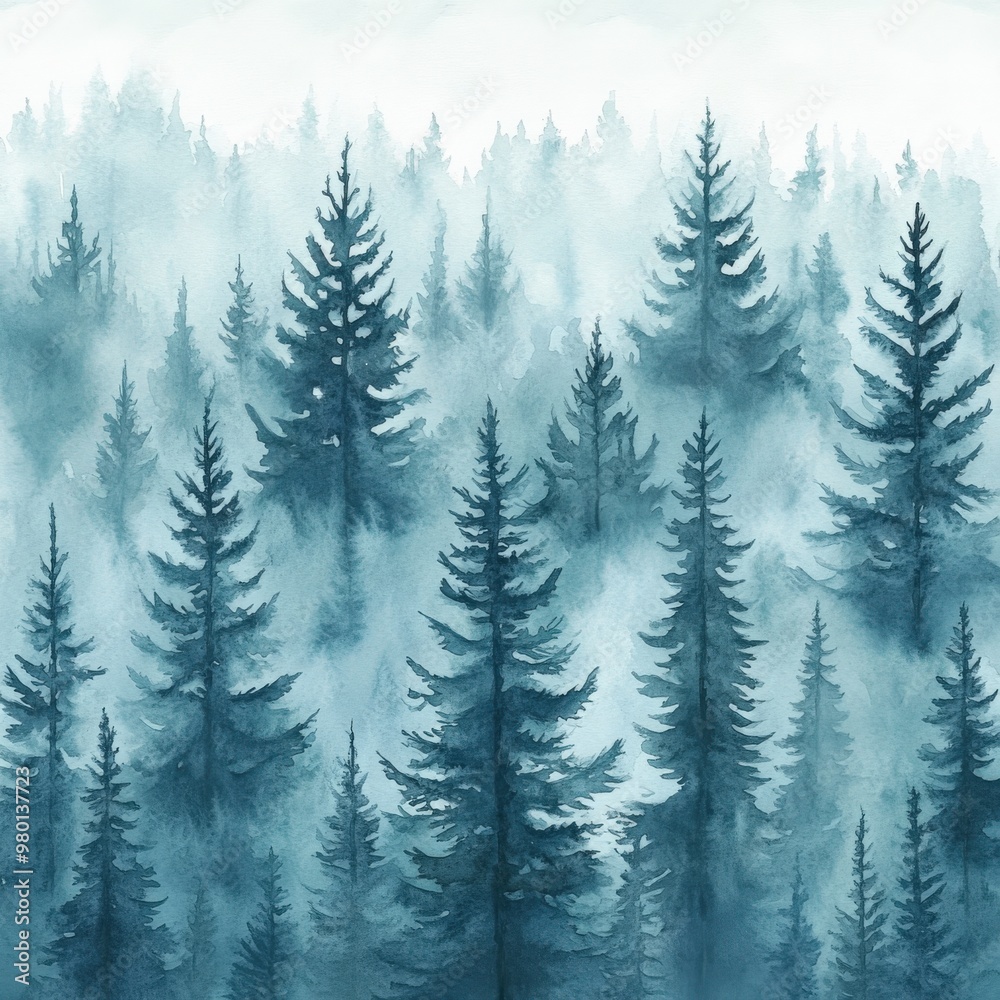 Obraz premium Misty Spruce Forest with Tall Trees Disappearing into Fog