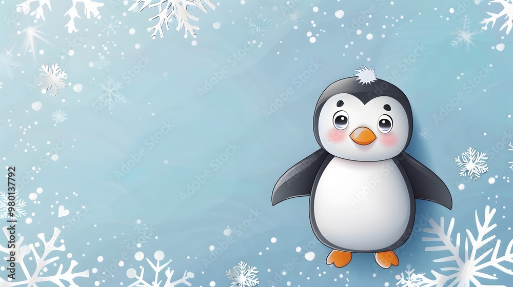 Obraz premium Cute Penguin and Snowflakes with Free Copy Space on Light Blue Background