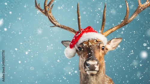 Smiling Reindeer and Santa Hat with Free Copy Space on Snowy Blue Background