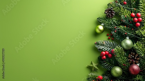 Cute Christmas Tree and Ornaments with Free Copy Space on Bright Green Background