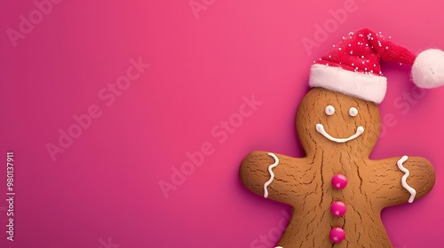 Smiling Gingerbread Man and Santa Hat with Free Copy Space on Bright Pink Background