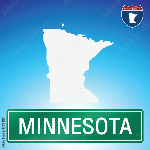 A simple road sign for Minnesota with a map of the state in the background. The sign is green with white lettering, and the map is white with a blue gradient background.