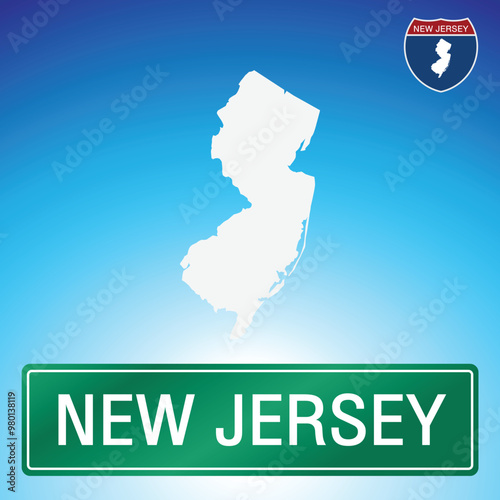 A simple road sign for New Jersey with a map of the state in the background. The sign is green with white lettering, and the map is white with a blue gradient background.