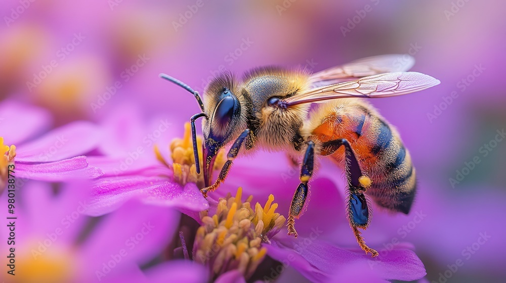A close-up of a bee pollinating vibrant pink flowers. A close-up of a bee pollinating vibrant pink flowers.