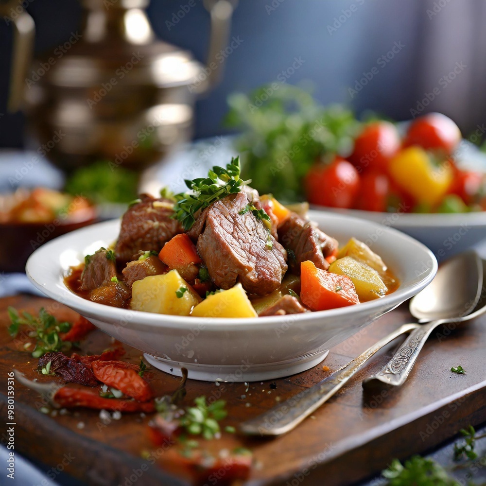 Hearty dinner stews with depth of field featuring tender meats and flavorful vegetables Hearty dinner stews with depth of field featuring tender meats and flavorful vegetables