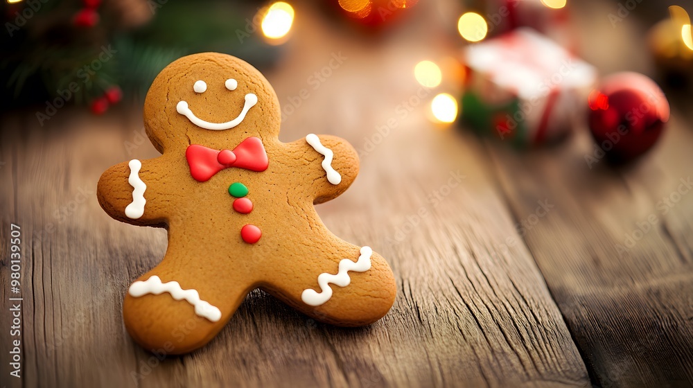 Delicious gingerbread man cookies on a rustic wooden table with warm lighting, surrounded by festive holiday decorations, creating a cozy and joyful atmosphere during the holiday season Delicious gingerbread man cookies on a rustic wooden table with warm lighting, surrounded by festive holiday decorations, creating a cozy and joyful atmosphere during the holiday season