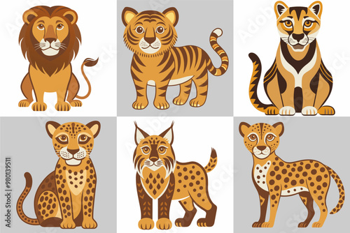 Drawing of six wild felines
