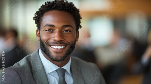 Confident man smiling while dressed in a gray suit at a professional event in a bright office setting during the day