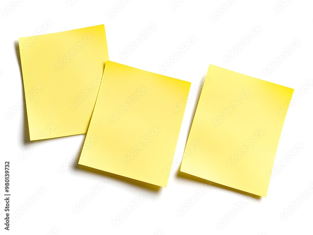 Three blank yellow sticky notes on a white background. Three blank yellow sticky notes on a white background.