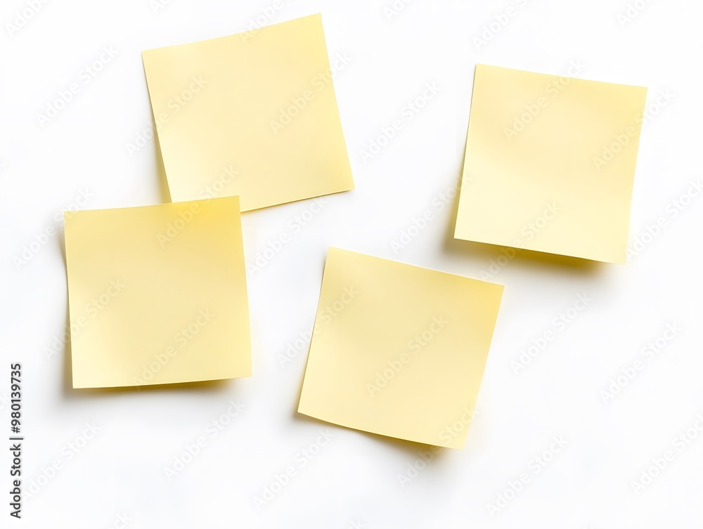 Four blank yellow sticky notes on a white background.