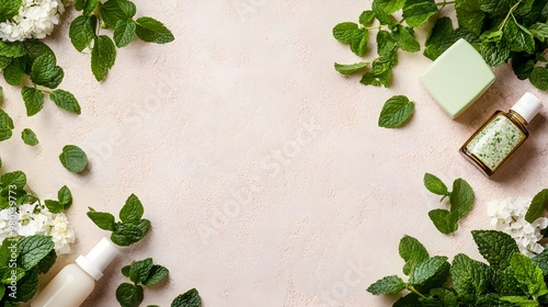 Spa Products Surrounded by Mint and White Flowers