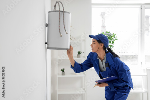 Female worker with clipboard adjusting modern electric boiler in bathroom