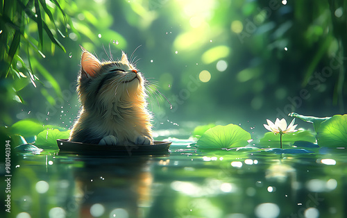 Dreamy 4K Illustration: Cat in Lotus Pond on Sunny Day photo