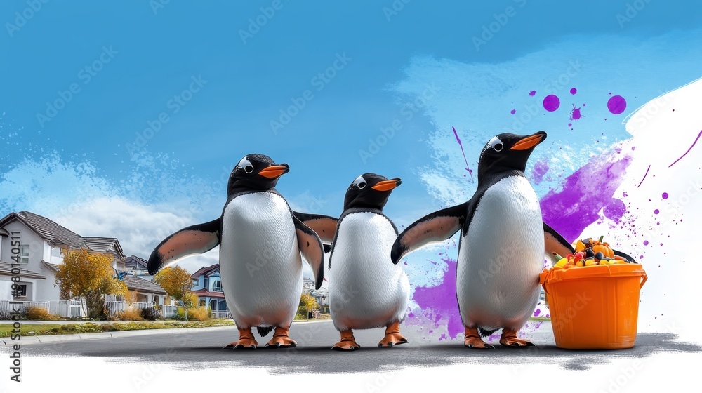 Fototapeta premium Penguin Family Halloween Adventure: Colorful Watercolor Festivities in Neighborhood Trick-or-Treat Scene with Copy Space