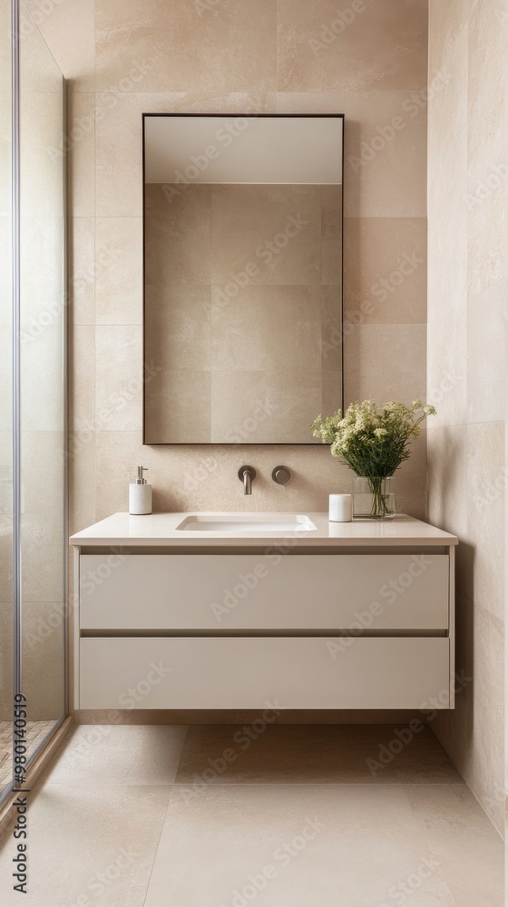 Fototapeta premium Modern bathroom featuring sleek vanity, large mirror, and neutral tones, creating a serene and stylish atmosphere.