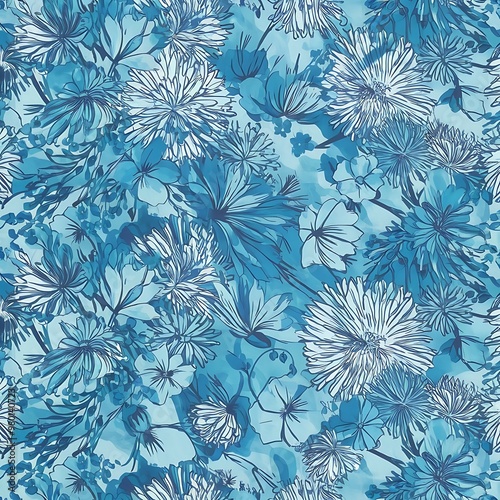 Seamless pattern with watercolor flowers sky blue, repeat floral texture, background hand drawing. Perfectly for wrapping paper, wallpaper, fabric, texture and other printing.