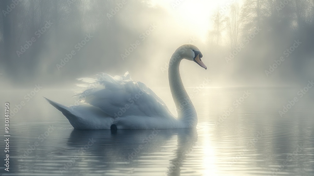 Fototapeta premium A serene swan gliding through a misty lake at dawn.