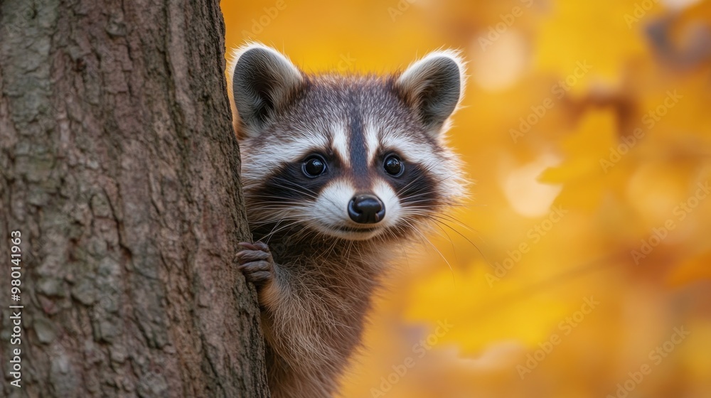 A curious raccoon peeking from behind a tree in autumn foliage. A curious raccoon peeking from behind a tree in autumn foliage.