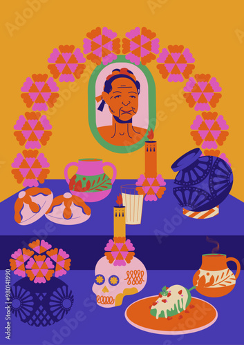 Ilustración de ofrenda altar mexicano en día de muertos. Calaveras, flor cempasúchil, comida, chile relleno, incienso, pan de muerto, fotografías, vela, champurrado,  jarrones Oaxaca. Decoración.